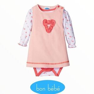 BON BEBE | Coral | Corduroy Jumper Set with Longsleeve Lap Shoulder Bodysuit